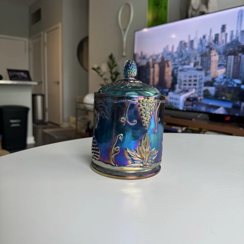 VTG Indiana Blue Grape Harvest Carnival Glass Candy Canister Iridescent W/lid